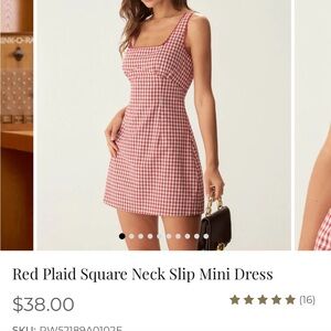 RIHOAS Red Checkered Square Neck Mini Dress